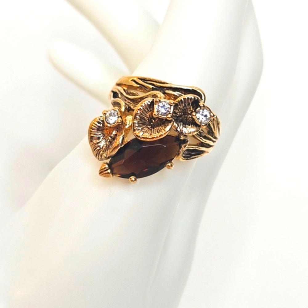 🔥Smokey topaz crystal Calla Lilly design ring 18k gold electroplated size 8-3/4